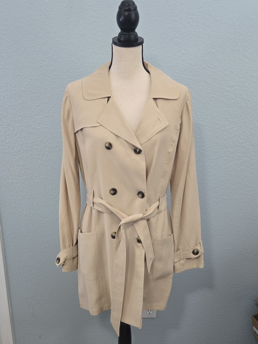ELLA MOSS Creamy Beige Double-Breasted Belted Trench Coat Sz MEDIUM